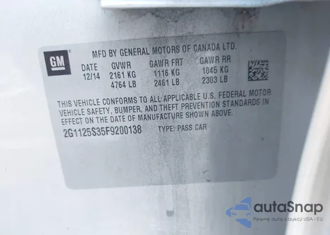 2015 Chevrolet Impala 2Lt z USA, uszkodzony, nr VIN 2G1125S35F9200138